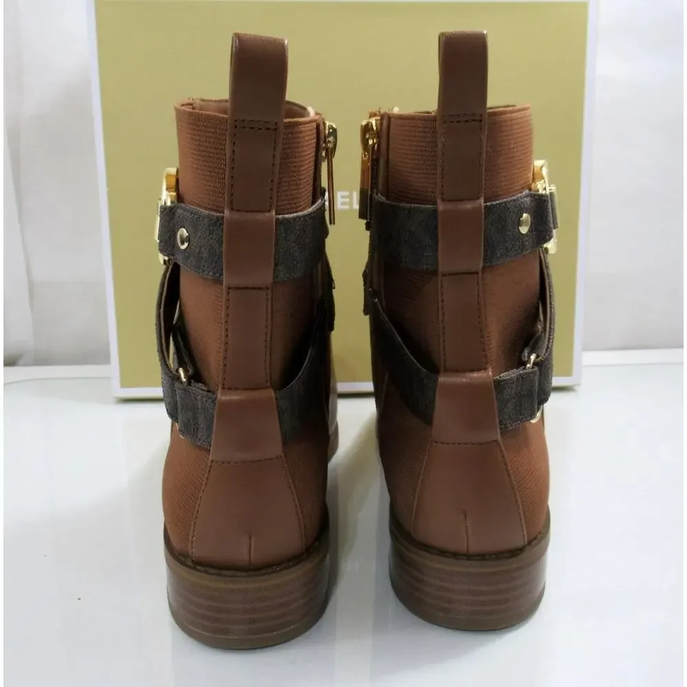 Michael Kors Rory Flat Bootie Ankle Boots MK Logo Hardware Luggage Size 8